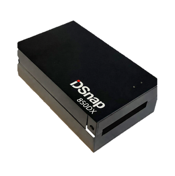 IDSnap 850DX card scanner, a compact black unit with a card slot at the front.